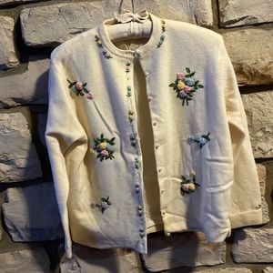 cardigan sweater vintage ivory hand embellished pastel floral lambswool